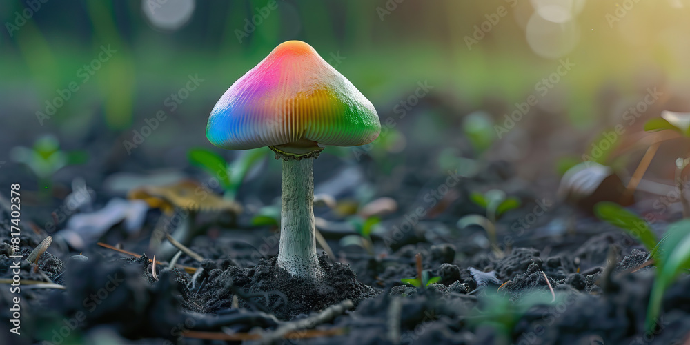 Vibrant Mushroom with Rainbow Cap Erupts from the Fertile Soil Vibrant Mushroom with Rainbow Cap Erupts from the Fertile Soil
