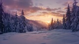 beautiful sunset of a snow-covered pine forest in winter in high resolution