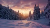 beautiful sunset of a pine forest covered in snow in winter in high resolution and quality