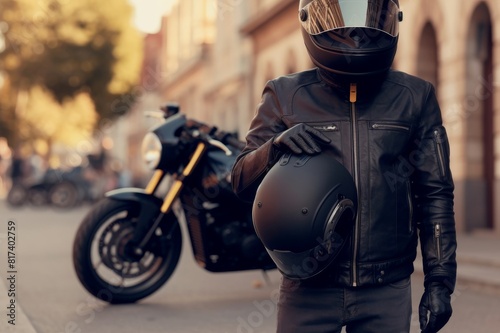 Unrecognizable motorcyclist carries his motorcycle helmet in one hand. In the background is his parked motorcycle © alisaaa