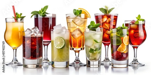 Collection of cocktails with lime and mint on white background