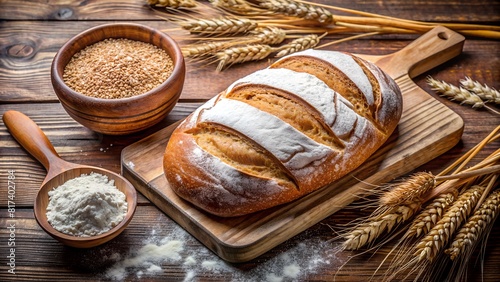 Loaf of bread and wheat on wooden table