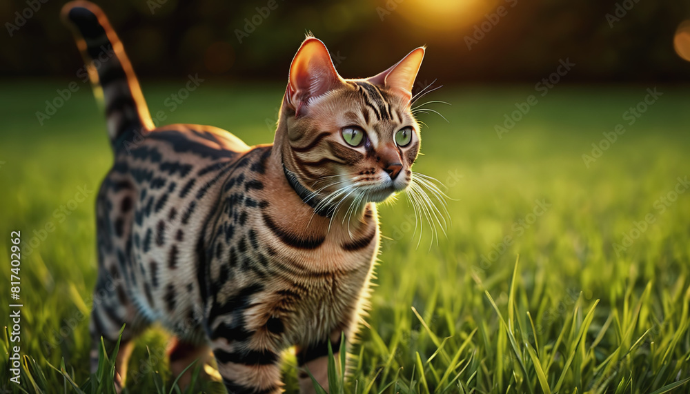 A Bengal cat lies on the grass at sunrise. World Cat Day A Bengal cat lies on the grass at sunrise. World Cat Day