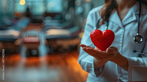 Doctor's hand holding a red heart shape in a hospital