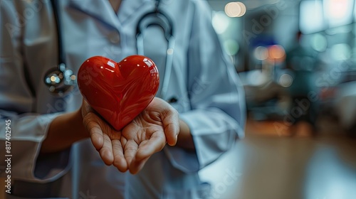 Doctor's hand holding a red heart shape in a hospital