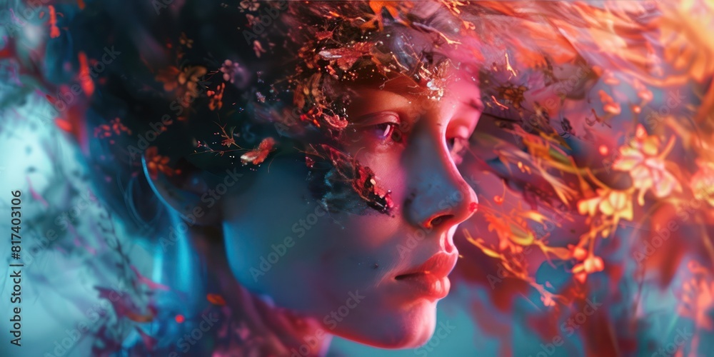 Side view of woman's face with hair decoration from abstract flowers Side view of woman's face with hair decoration from abstract flowers