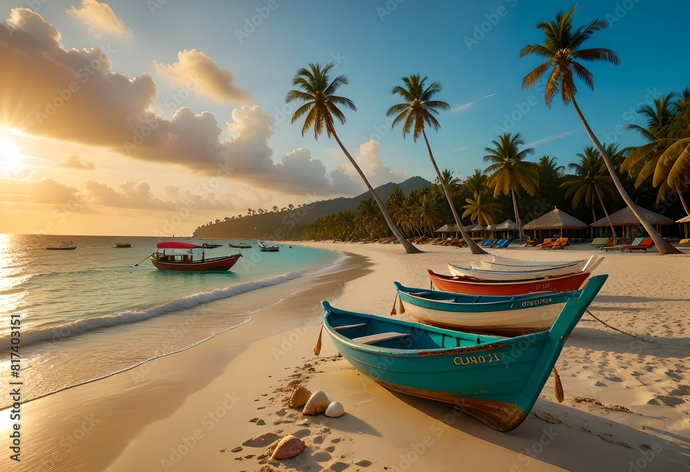 Summer beach scene with the sun shining. Colorful boats and palm trees. 3D Rendering