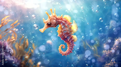 Closeup elegant seahorse in ocean. Anime or digital painting style, looping 4k video animation background