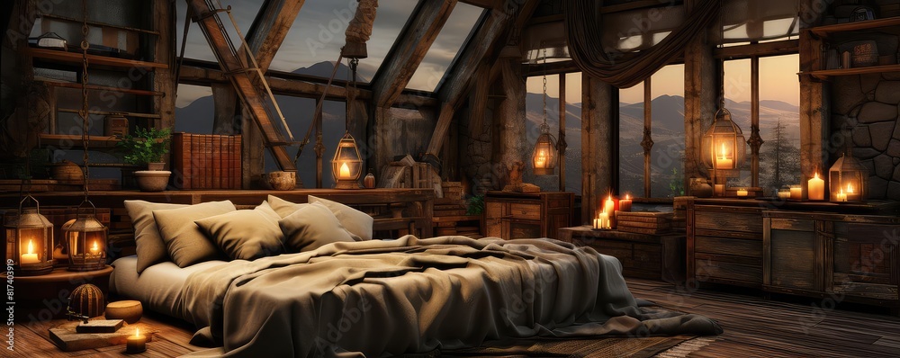 Guest Room background flat design side view rustic charm theme 3D render vivid Guest Room background flat design side view rustic charm theme 3D render vivid