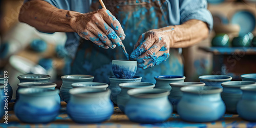 A ceramicist shapes and paints each piece of pottery with careful, practiced strokes, infusing their art with a deep, calming blue photo