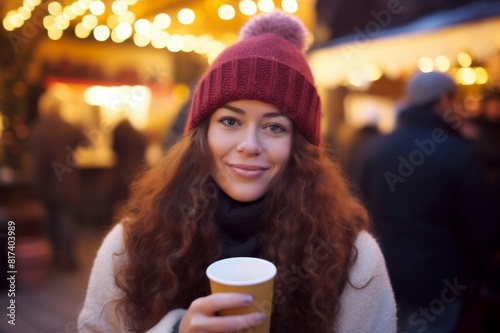 woman drinking mulled wine on christmas market