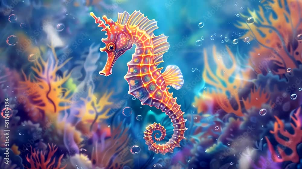 Closeup elegant seahorse in ocean. Anime or digital painting style, looping 4k video animation background Closeup elegant seahorse in ocean. Anime or digital painting style, looping 4k video animation background