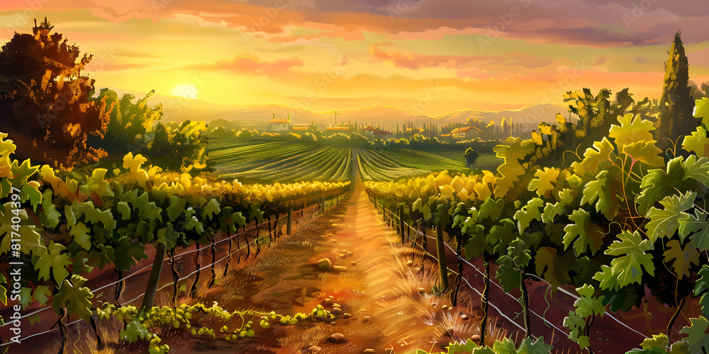 Fototapeta premium Charming vineyard at sunset, perfect for agricultural, wine, or countryside-themed content.