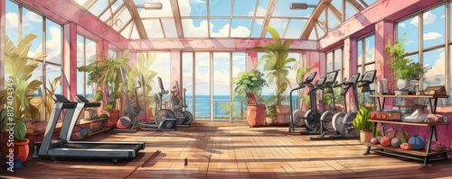 Gym background flat design front view cozy home workout space theme water color colored pastel © NeeArtwork