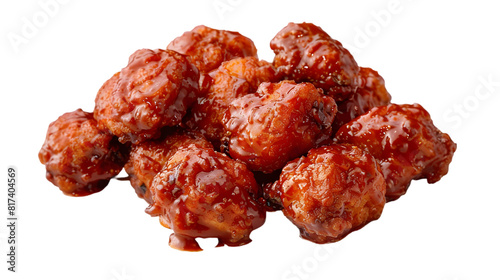  High-definition close-up of boneless wings covered in spicy sauce, laid out, transparent background