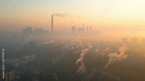 A view of a coalfired power plant surrounded by a thick layer of smog.