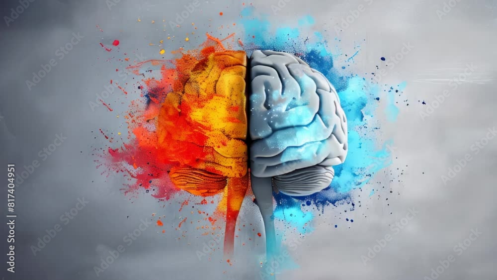 Creative representation of human brain with contrasting warm and cool colored paint splatters