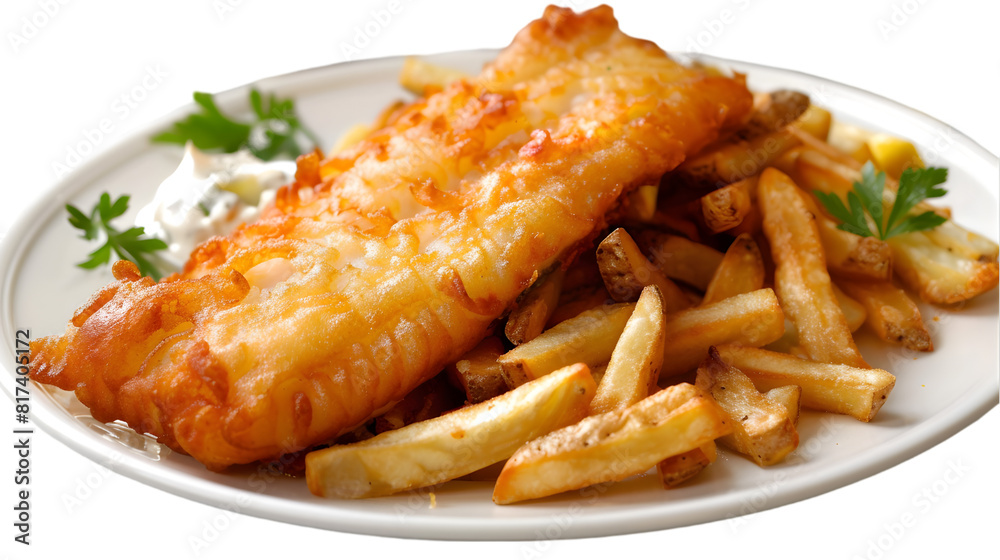 Juicy beer-battered fish fillet and crispy chips served, transparent background Juicy beer-battered fish fillet and crispy chips served, transparent background