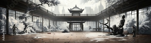 Gym background flat design top view eclectic martial arts dojo theme 3D render black and white