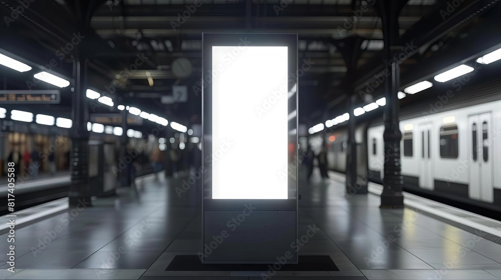 Mockup of a vertical illuminated billboard with a blank digital screen in a train station surrounded by people and trains, 3D illustration Mockup of a vertical illuminated billboard with a blank digital screen in a train station surrounded by people and trains, 3D illustration
