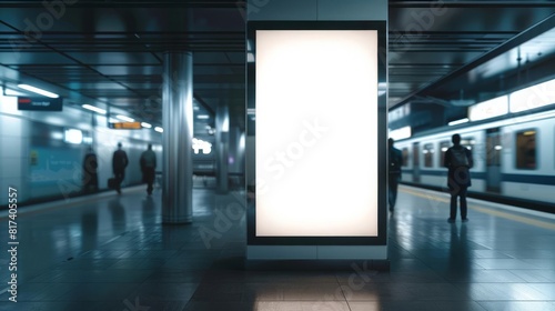 Mockup of a vertical illuminated billboard with a blank digital screen in a train station surrounded by people and trains  3D illustration