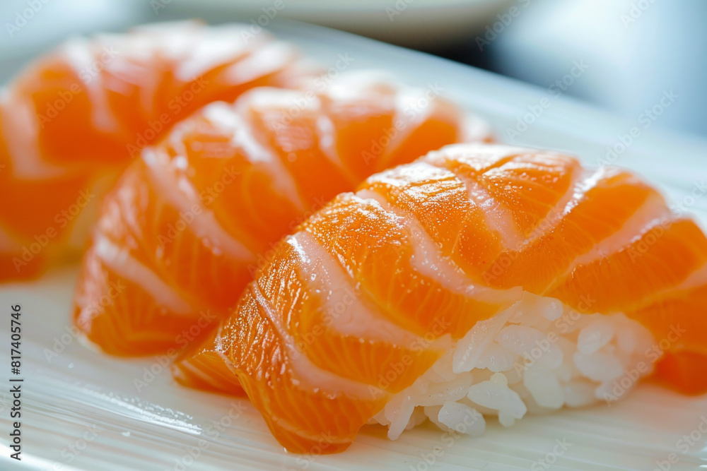 A closeup of an isolated delicious salmon sushi serves on an elegant plate with clean background A closeup of an isolated delicious salmon sushi serves on an elegant plate with clean background