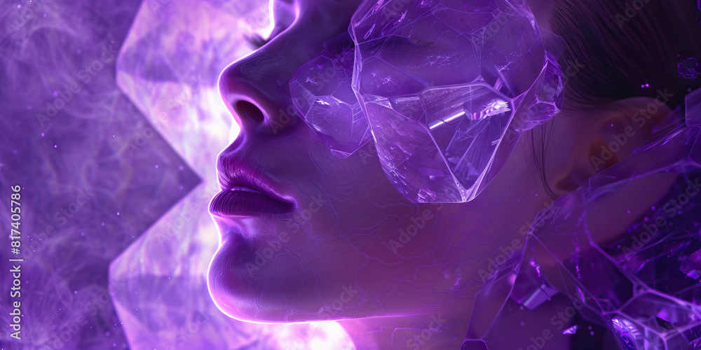 The deep purple of an opaque amethyst casts a mysterious glow over a secretive person's face, hinting at hidden depths The deep purple of an opaque amethyst casts a mysterious glow over a secretive person's face, hinting at hidden depths