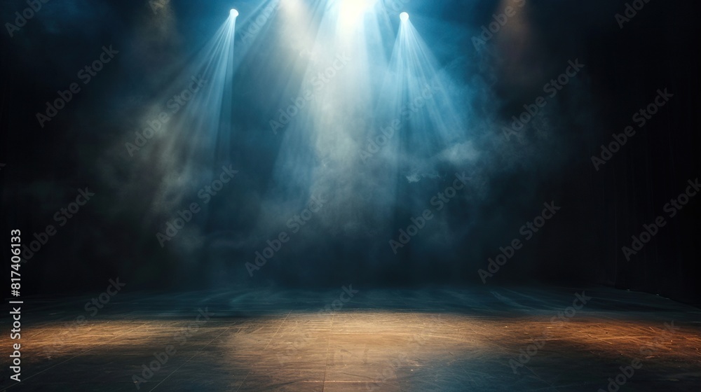 There is a spotlight shining down onto an empty stage with a dark ...