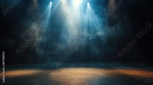 There is a spotlight shining down onto an empty stage with a dark background.

 photo