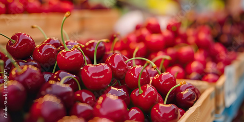  Juicy Cherries in Ripe Red Profusion Greet Passersby at a Bustling Fruit Stand, Enticing Tastebuds Near and Far photo