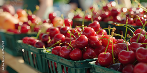 The vibrant red of cherries adorns a fruit stand, beckoning passersby to sample their sweetness