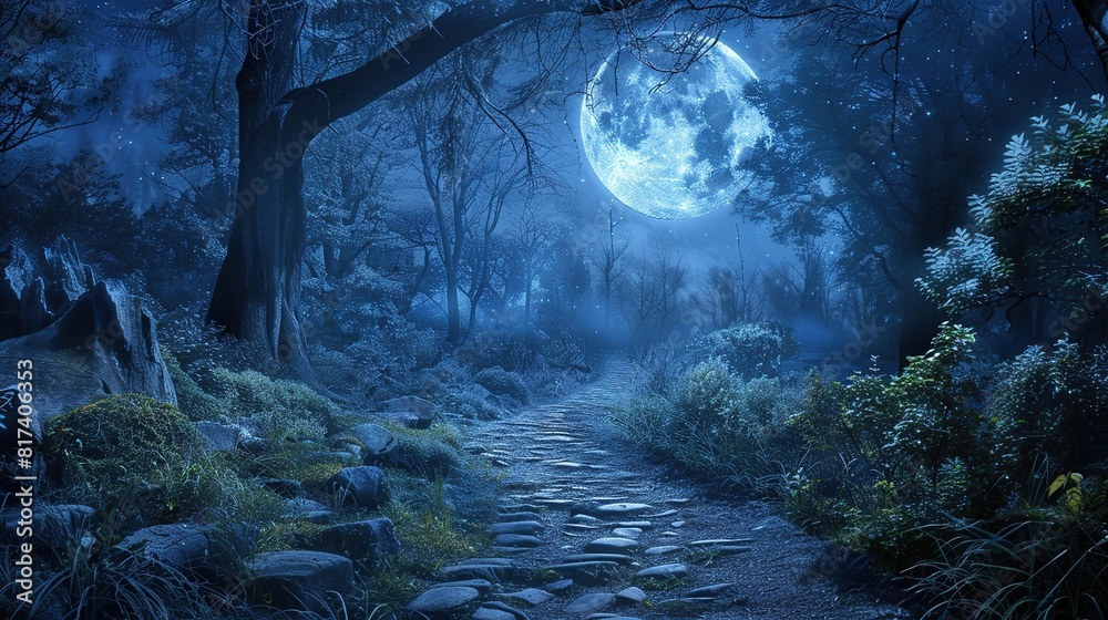 This image shows a dirt road in a forest at night. There is a full moon shining through the trees.

