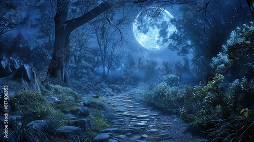 This image shows a dirt road in a forest at night. There is a full moon shining through the trees.