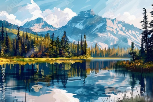serene mountain lake reflecting majestic peaks and lush pine forests tranquil natural landscape digital painting