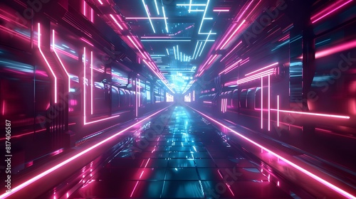 3d abstract technology glowing neon fast speed light background, empty space scene, reflection floor, virtual reality, cyber space futuristic sci-fi background, motion line high speed for mock up. © Ziyan