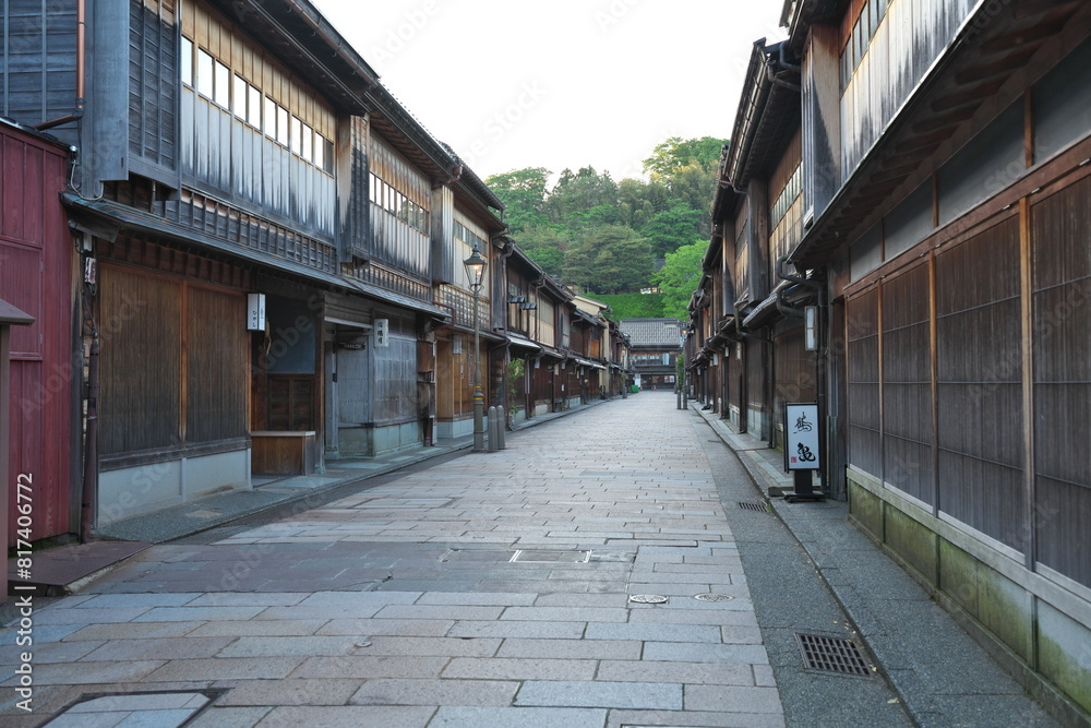 Kanazawa,Japan - May 14,2024: Higashi Chaya Tea District in Kanazawa at dawn Kanazawa,Japan - May 14,2024: Higashi Chaya Tea District in Kanazawa at dawn