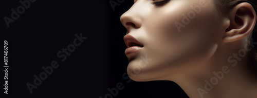 close-up profile of a woman on a black background with an emphasis on facial features and lighting  beauty and personal care salon concept.copy space
