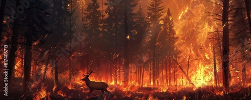 Forest fire with flames consuming trees and wildlife. The intense blaze engulfs the forest  casting an orange glow and thick smoke. A lone deer stands in the devastating impact on nature.