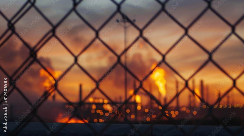 A chain link fence surrounds the site with massive plumes of burning gas visible beyond it. A chain link fence surrounds the site with massive plumes of burning gas visible beyond it.