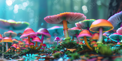 The psychedelic mushroom's vibrant hues dance across a serene forest floor.