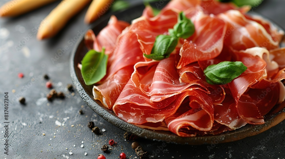 Slices of prosciutto di parma or jamon serrano (iberico) on a black plate Slices of prosciutto di parma or jamon serrano (iberico) on a black plate