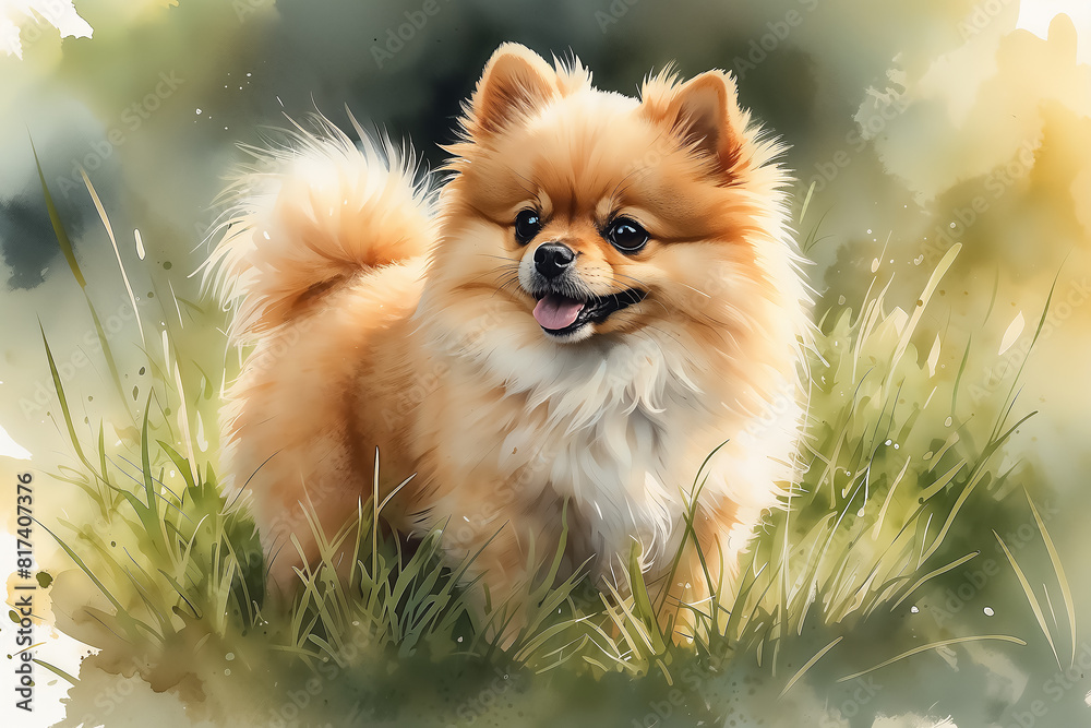Pomeranian Puppy with watercolor splashes isolated on a white background. Pet portrait illustration.with copy space Pomeranian Puppy with watercolor splashes isolated on a white background. Pet portrait illustration.with copy space
