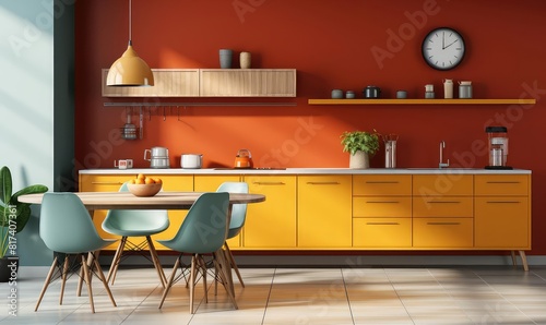 Kitchen background flat design side view sleek minimalist theme 3D render vivid photo