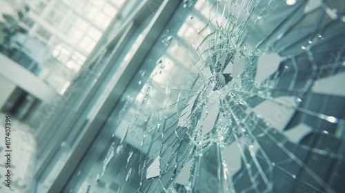 Close up of office window pane with shattered glass vandalism or accident concept
