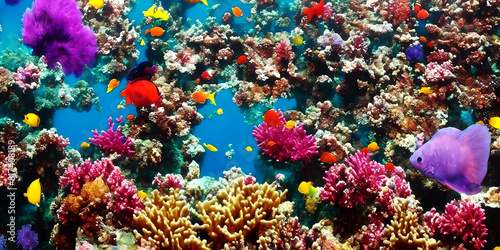 underwater scene with colorful fish and coral.