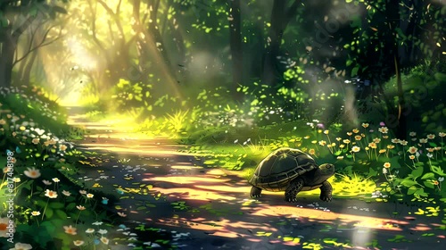 Gentle turtle ambles along sunlit path. Anime or digital painting style, looping 4k video animation background photo