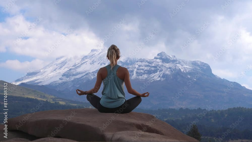 Woman in yoga zen pose meditating on a mountain at sunrise or sunset. Balance and stability, meditation relaxation and peace. Woman in yoga zen pose meditating on a mountain at sunrise or sunset. Balance and stability, meditation relaxation and peace.