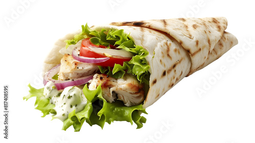  Realistic image of a chicken gyro, wrapped tightly in pita bread, stuffed with lettuce, tomatoes, onions, and tzatziki sauce, transparent background