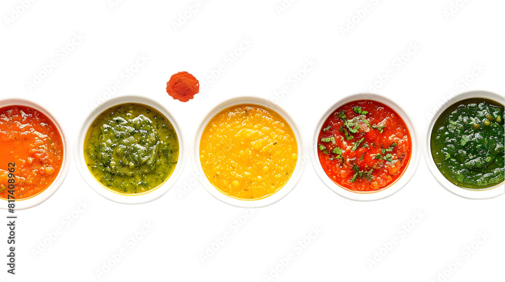 Red, green, and yellow curries, each in separate bowls, aligned in a straight row, captured from above, transparent background Red, green, and yellow curries, each in separate bowls, aligned in a straight row, captured from above, transparent background