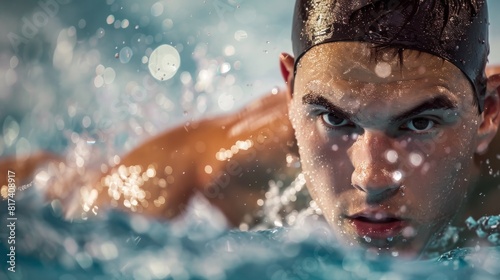 Competitive swimmer with eyes on the prize, demonstrating intense focus in the water. © chanidapa